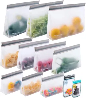 12 Stand Up Extra Thick Leakproof Reusable Food Bags - Reusable Freezer & Storage Bags