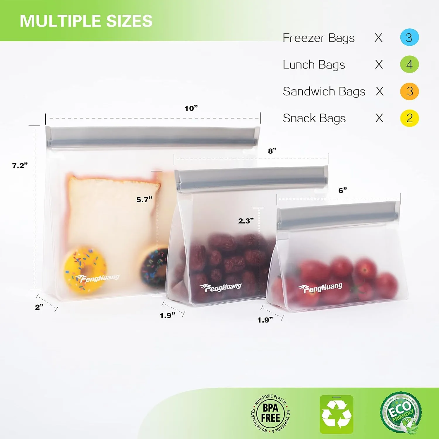 12 Stand Up Extra Thick Leakproof Reusable Food Bags - Reusable Freezer & Storage Bags