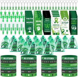 120 Pcs Mental Health Awareness Gift Set Include Mental Health Pens Green Ribbon Silicone Bracelets Wristbands Bookmark Keychain Green Organza Bag for Office Public Charity Events Supplies