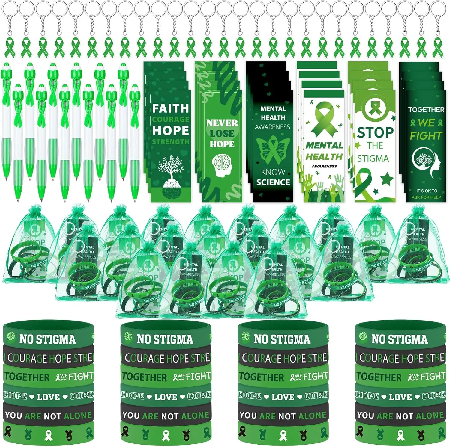 120 Pcs Mental Health Awareness Gift Set Include Mental Health Pens Green Ribbon Silicone Bracelets Wristbands Bookmark Keychain Green Organza Bag for Office Public Charity Events Supplies