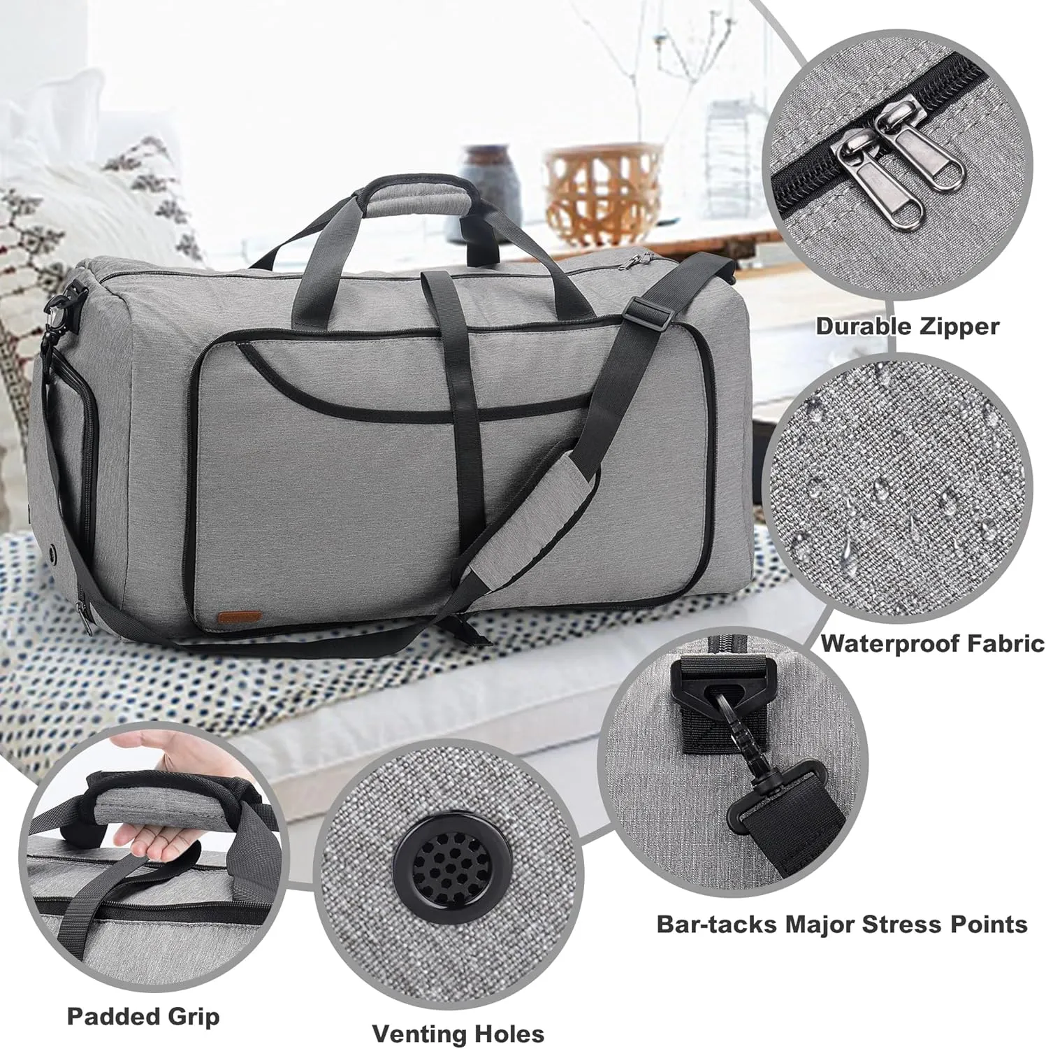 120L Duffle Bag for Travel, Large Foldable Waterproof Travel Duffel Bags Weekender Overnight Bag for Men and Women with Shoe Compartment (Gray)