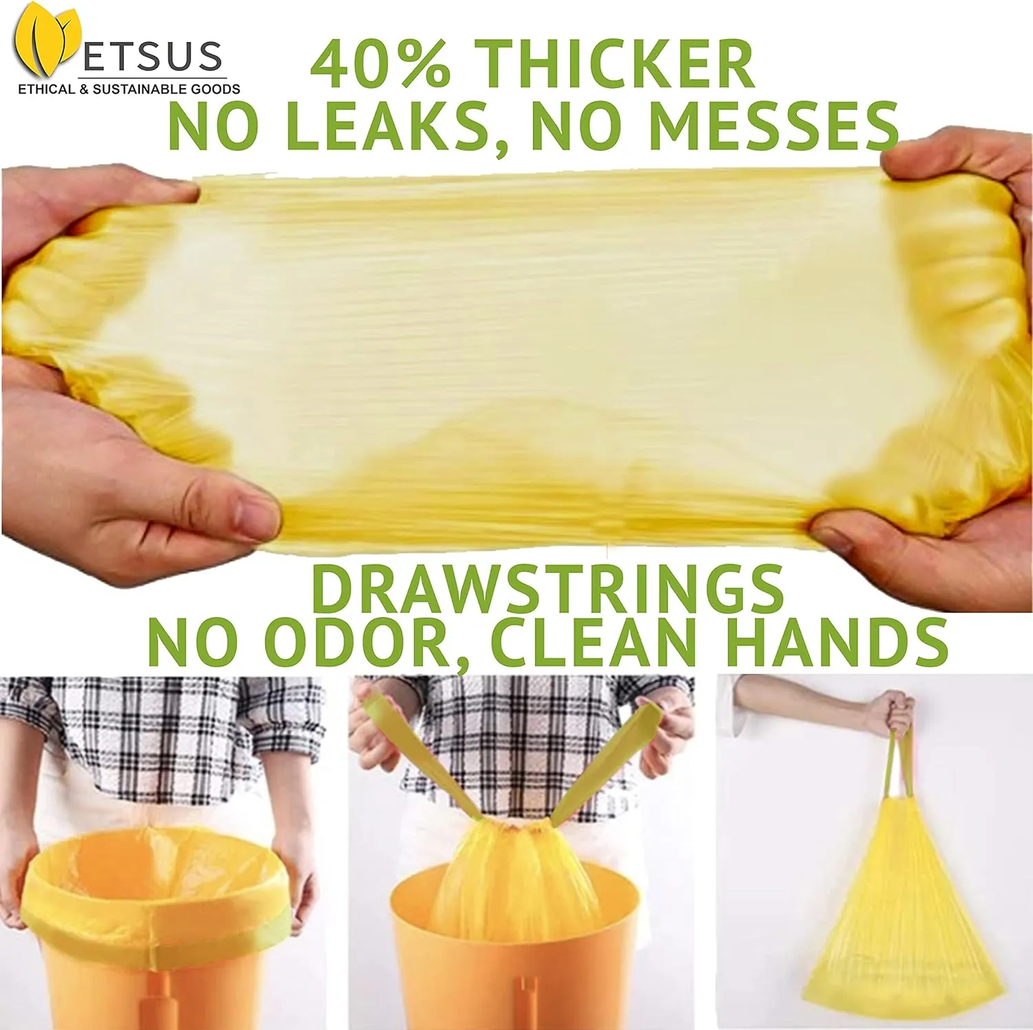 13 Gallon Biodegradable Trash Bags wtih Drawstrings, 75 Count Plant Based, Tall Kitchen Compost Bags 50 Liter Bin - Green Garbage Liners - 1.3 mil Thick Heavy Duty and Eco Friendly Trash Bags