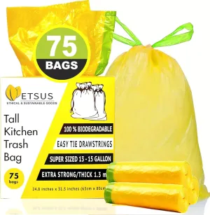 13 Gallon Biodegradable Trash Bags wtih Drawstrings, 75 Count Plant Based, Tall Kitchen Compost Bags 50 Liter Bin - Green Garbage Liners - 1.3 mil Thick Heavy Duty and Eco Friendly Trash Bags