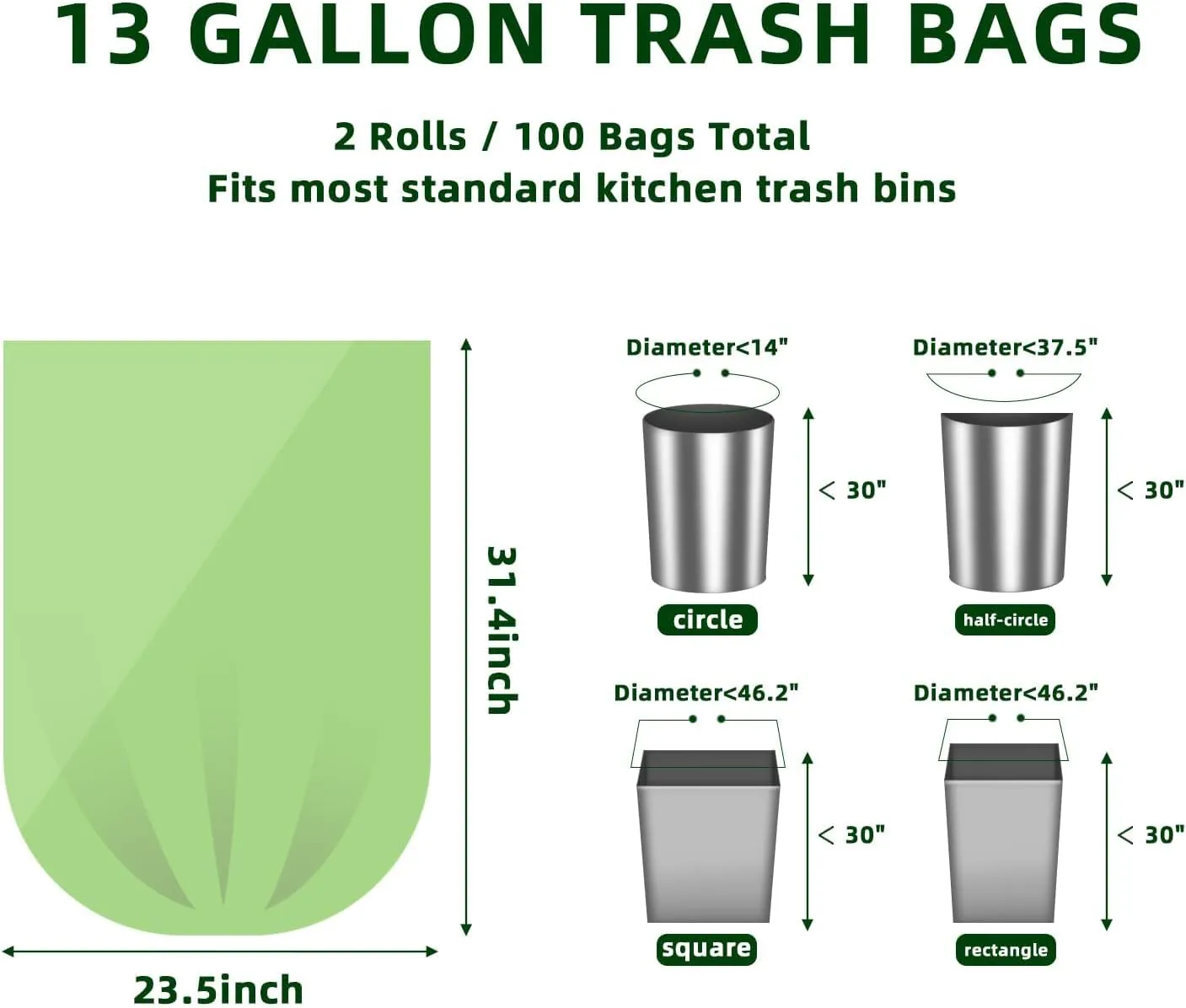 13 Gallon,100 Count, Compostable Trash Bags，Tear Resistant Kitchen Food Scrap Waste Bag, ASTM D6400, US BPI and Europe OK Compost Home Certified