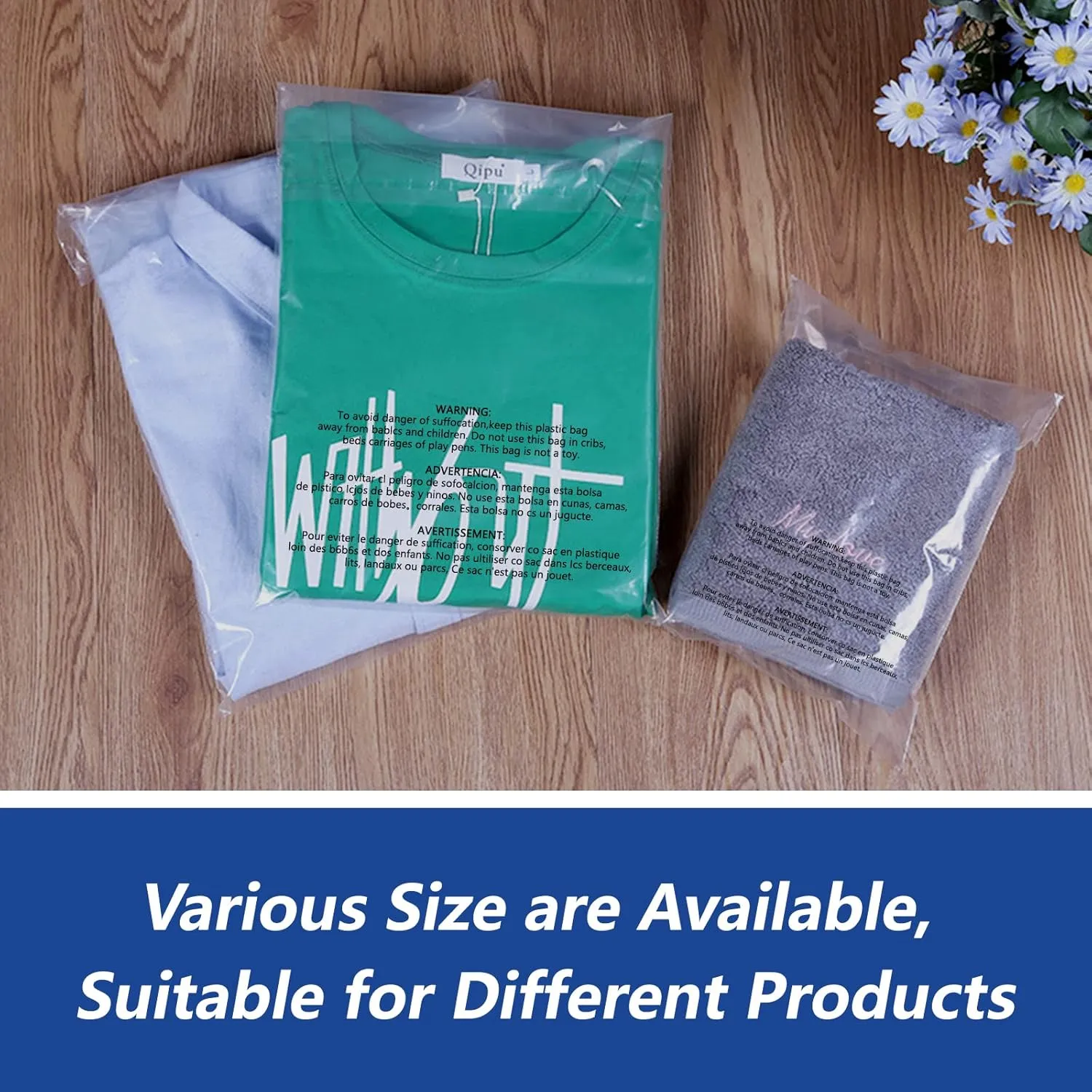 13" x 15" (200 Count) Self Seal Clear Poly Bags with Suffocation Warning for Packaging, Shipping, Clothing, Shirts & FBA - Resealable Adhesive