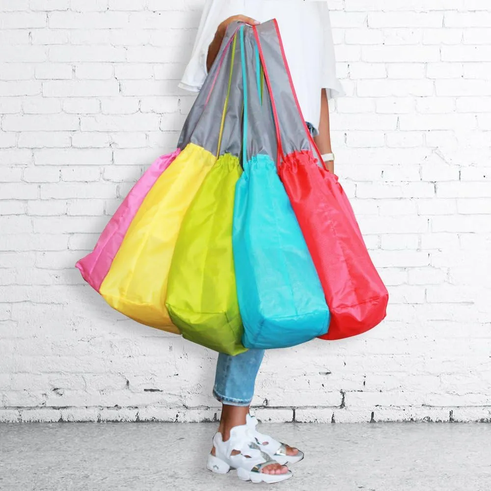 2 Pack Ripstop Nylon Draw-String Reusable Shopping Bag, Reusable Grocery Bag, Built-in Pouch, Inner Pocket