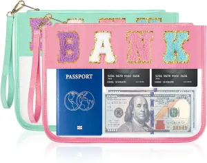 2 Pcs Money Bags With Zipper Leather Green Cash Envelopes Pink Check Wallet With Hand Rope Clear Money Pouch Large Chenille Letter Bag Bank Deposit Bag For Cash Coins Cosmetics Keys(Pink Green)