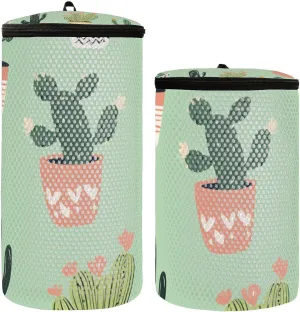 2 Pcs(S   M Size) Mesh Cylinder Laundry Bags Green Cactus Literature Polyester Reusable Machine Washable Mesh Bags, Dirty Bag for Home Travel
