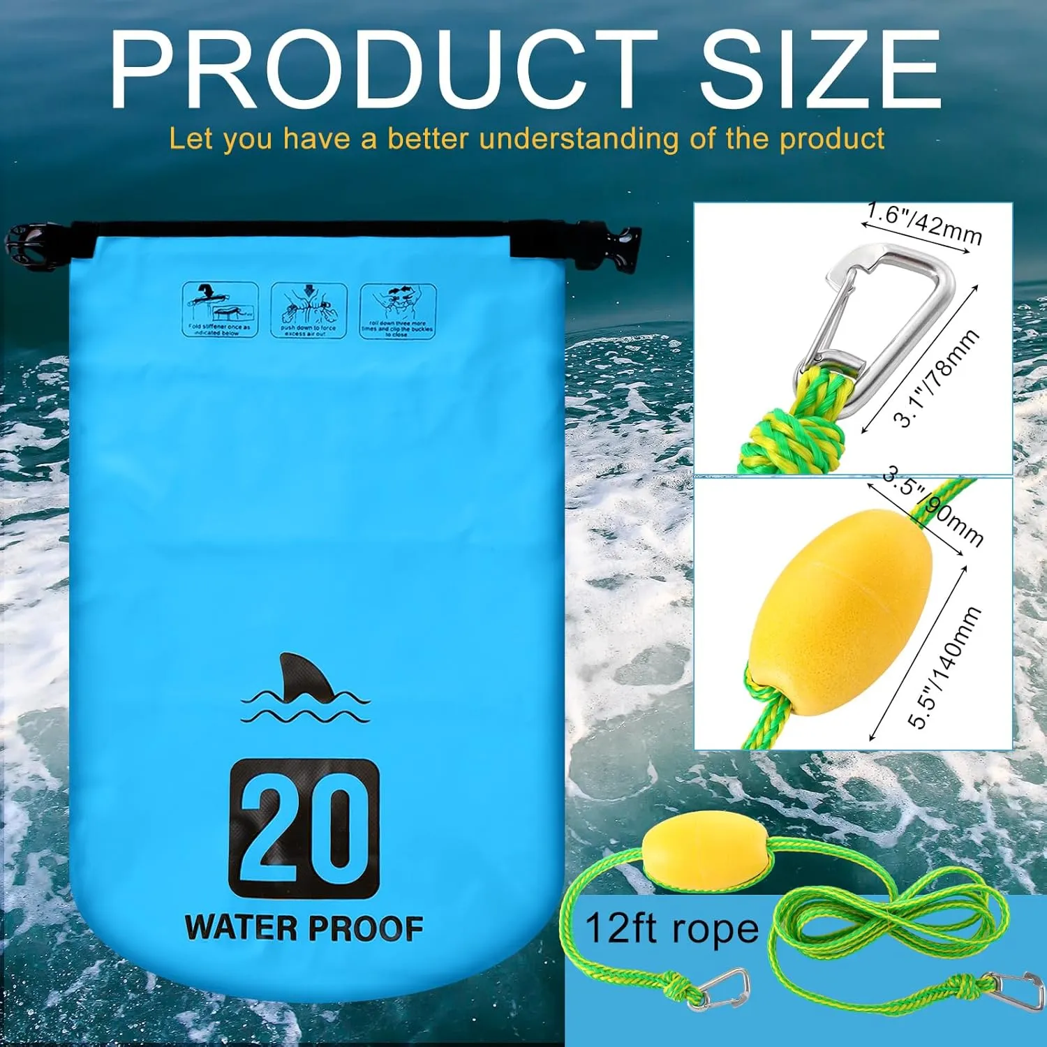 2 Set 20L Sand Anchor Heavy Duty Buoy Kit 2 in 1 Kayak Anchor Floating Waterproof Dry Bag with High Visibility Float Rope for Lake Beach Boat Hiking Camping Water Sports Surfing Kayaking(Sky Blue)