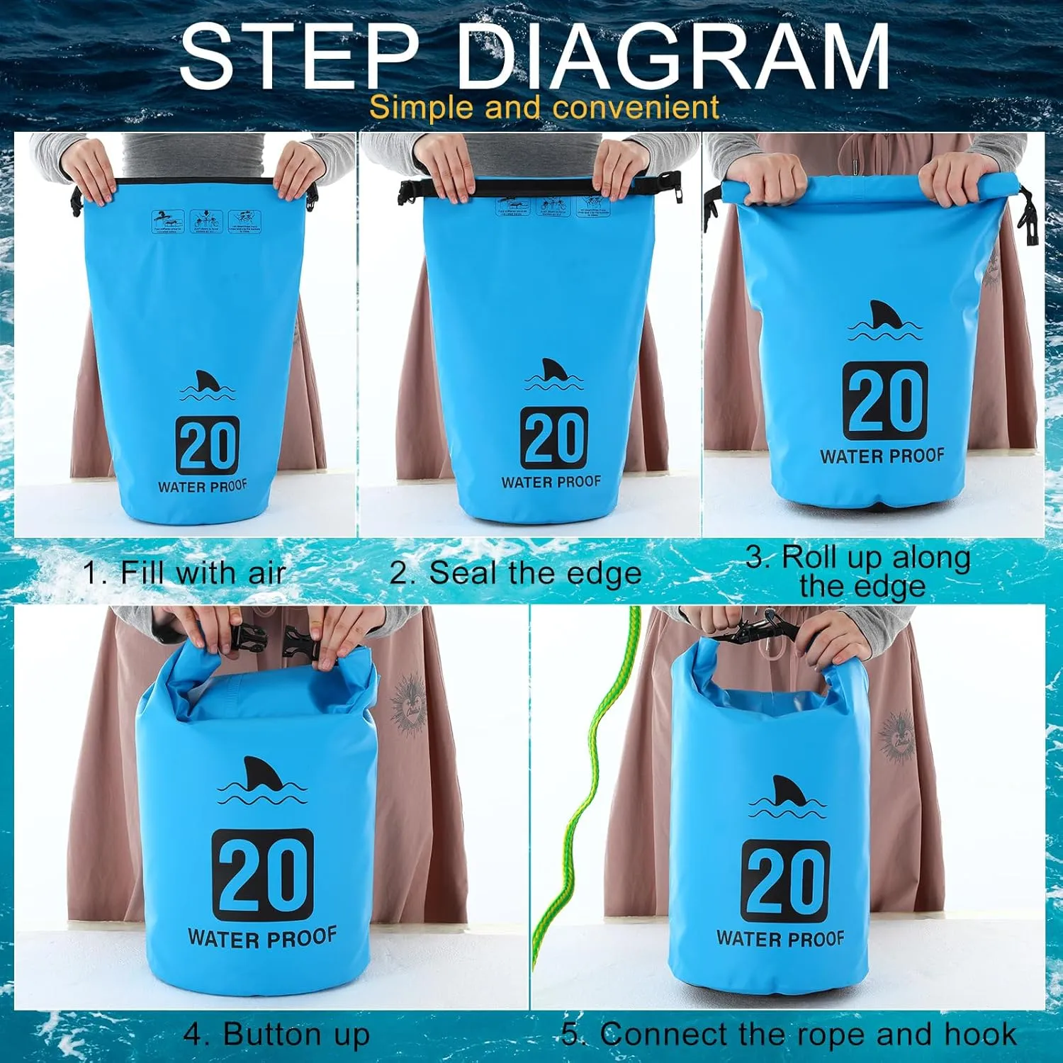 2 Set 20L Sand Anchor Heavy Duty Buoy Kit 2 in 1 Kayak Anchor Floating Waterproof Dry Bag with High Visibility Float Rope for Lake Beach Boat Hiking Camping Water Sports Surfing Kayaking(Sky Blue)