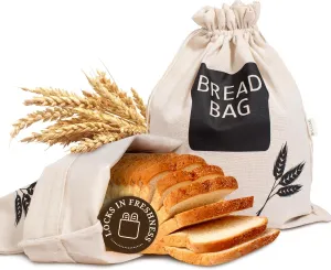 2 X Bread Bags for Homemade Bread - Plastic Lined, Reusable Linen Cloth Saver Bag For Sourdough & Homemade Bread Storage - 17" x 13" XL