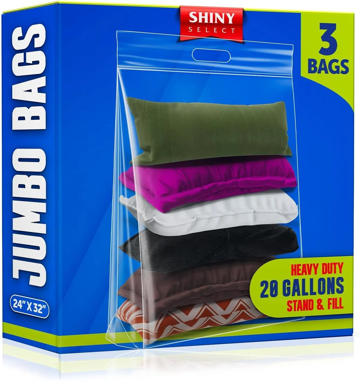 20 Gallon Jumbo Storage Bag with Handle, Resealable Zipper Top 24x32, 6 Bags - Clear Big Plastic, Extra Large XL, 4 Mil Thick Heavy Duty for Travel, Camping Gears, Pillows, Comforters…
