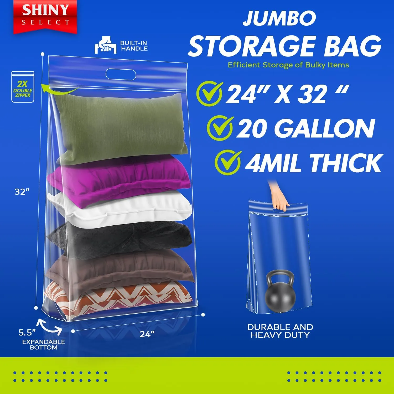 20 Gallon Jumbo Storage Bag with Handle, Resealable Zipper Top 24x32, 6 Bags - Clear Big Plastic, Extra Large XL, 4 Mil Thick Heavy Duty for Travel, Camping Gears, Pillows, Comforters…
