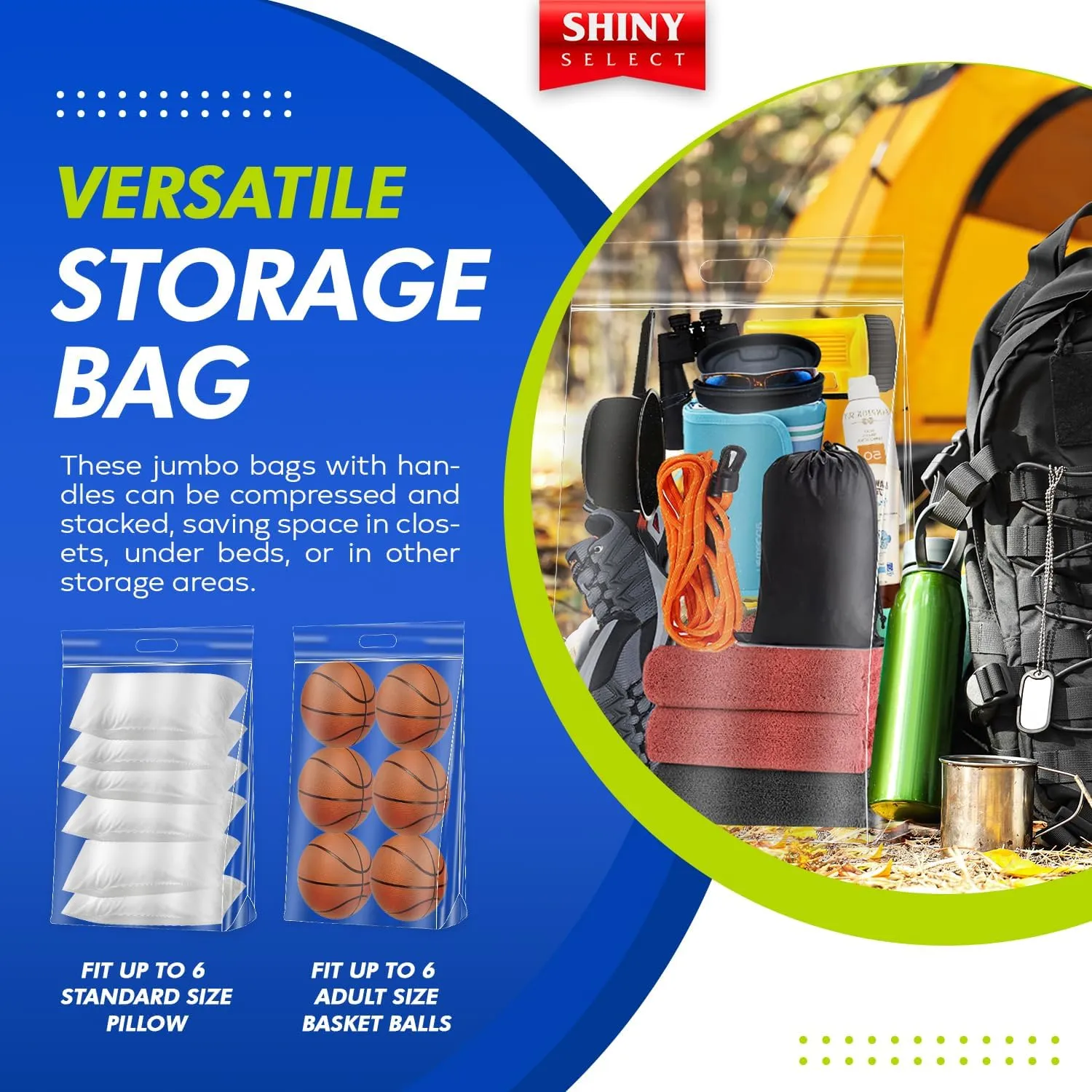 20 Gallon Jumbo Storage Bag with Handle, Resealable Zipper Top 24x32, 6 Bags - Clear Big Plastic, Extra Large XL, 4 Mil Thick Heavy Duty for Travel, Camping Gears, Pillows, Comforters…