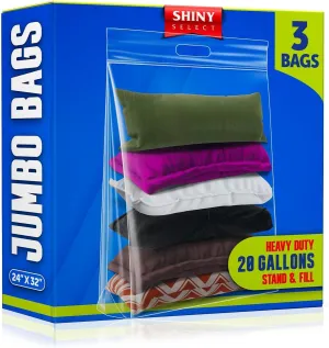 20 Gallon Jumbo Storage Bag with Handle, Resealable Zipper Top 24x32, 6 Bags - Clear Big Plastic, Extra Large XL, 4 Mil Thick Heavy Duty for Travel, Camping Gears, Pillows, Comforters…