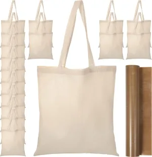 20 Pcs Canvas Tote Bags 15 x 16 Inch Blank Natural Cotton Tote Bags Bulk Reusable Grocery Bag with Handles and PTEF Sheet Beach Cloth Bags Large Shopping Bag for Iron on Heat Transfer Vinyl DIY Craft
