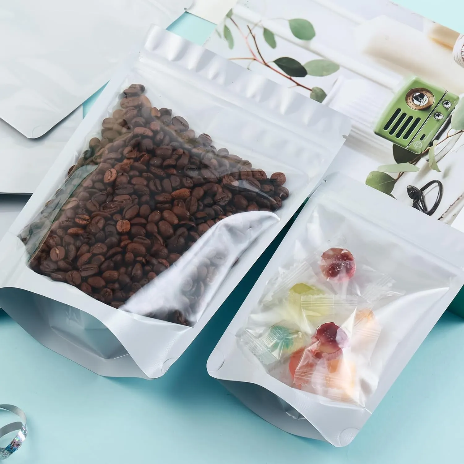 200 Mylar Bags for Food Storage 6X9 Mylar Bags with Window Candy Packaging Resealable Bags White Stand Up Pouches Edible Packaging for Small Business