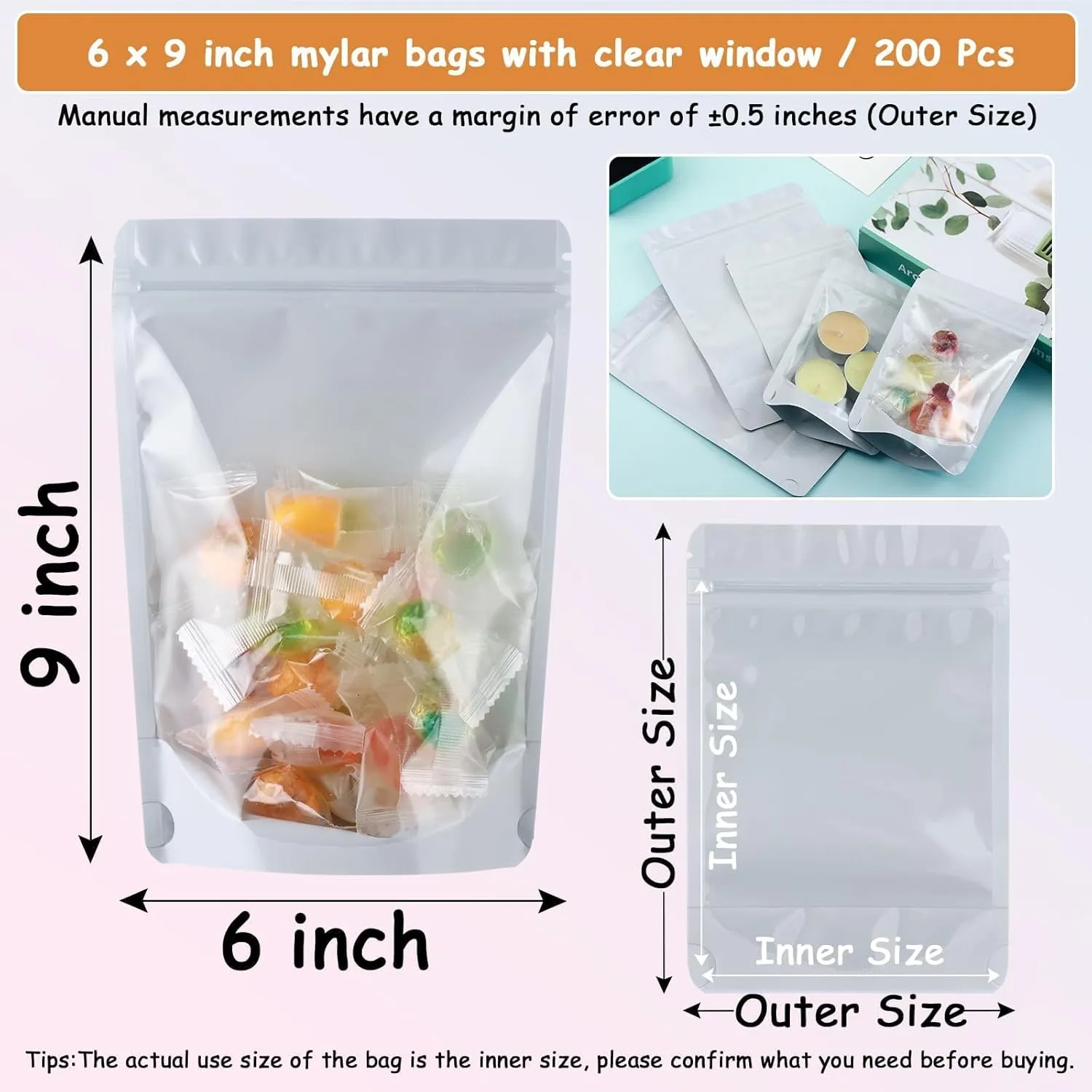 200 Mylar Bags for Food Storage 6X9 Mylar Bags with Window Candy Packaging Resealable Bags White Stand Up Pouches Edible Packaging for Small Business