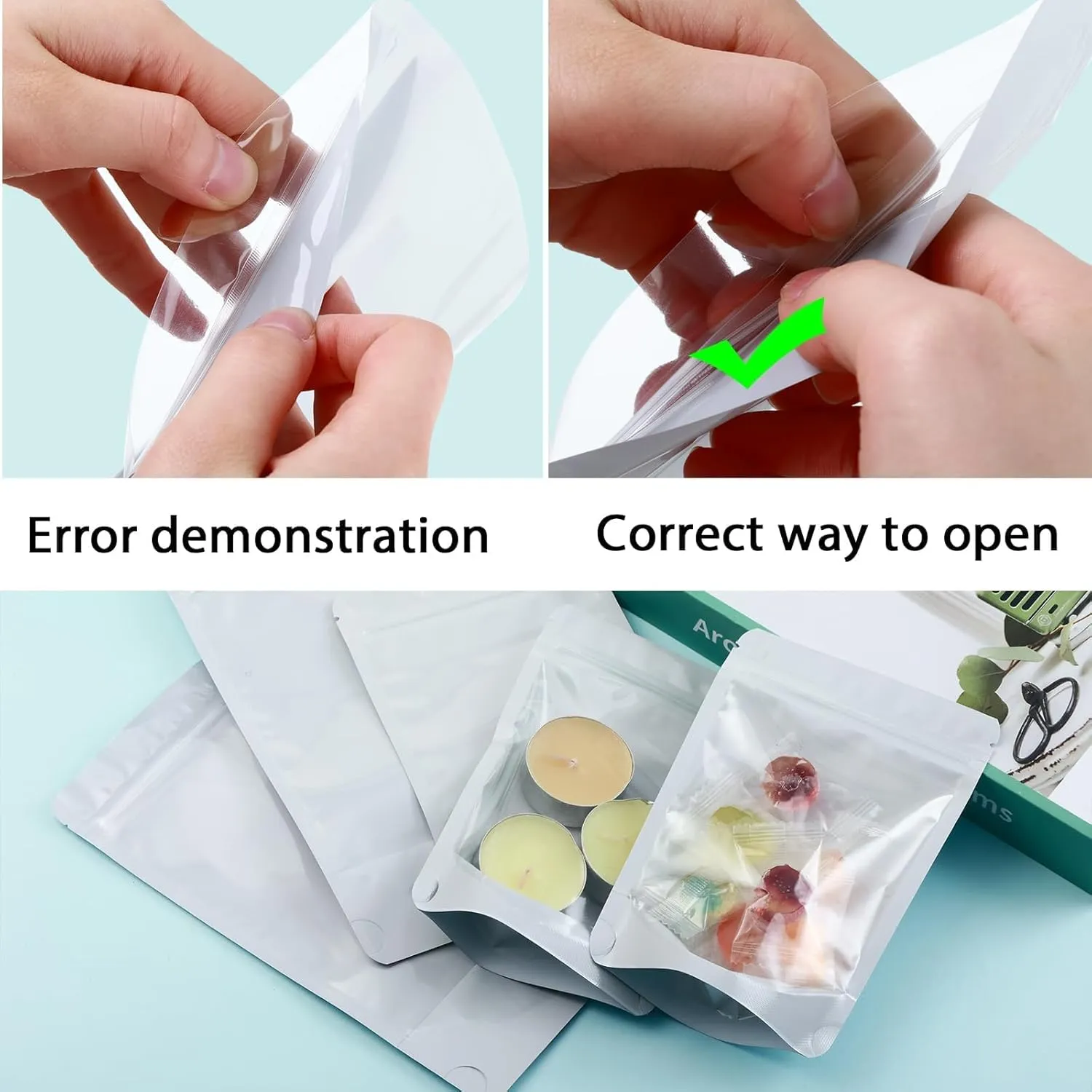 200 Mylar Bags for Food Storage 6X9 Mylar Bags with Window Candy Packaging Resealable Bags White Stand Up Pouches Edible Packaging for Small Business