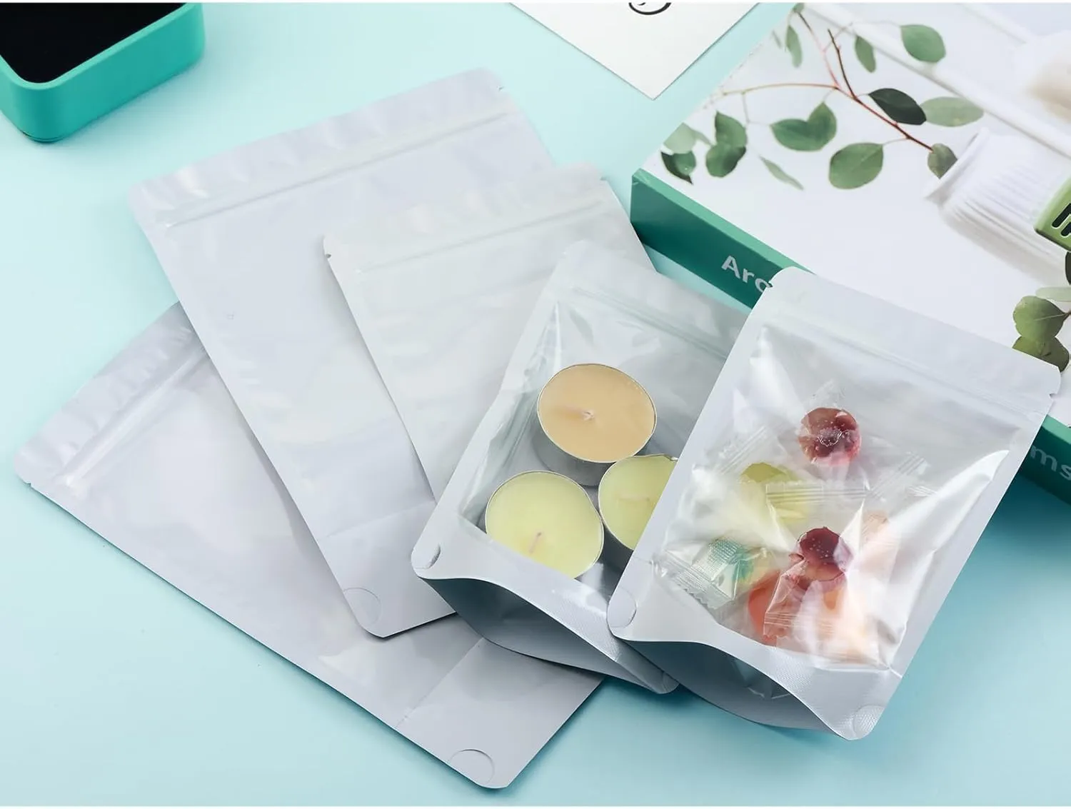 200 Mylar Bags for Food Storage 6X9 Mylar Bags with Window Candy Packaging Resealable Bags White Stand Up Pouches Edible Packaging for Small Business