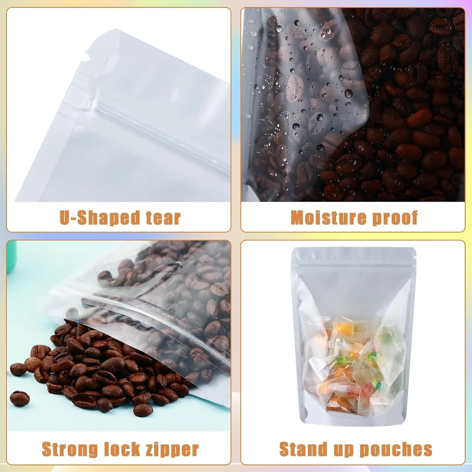 200 Mylar Bags for Food Storage 6X9 Mylar Bags with Window Candy Packaging Resealable Bags White Stand Up Pouches Edible Packaging for Small Business