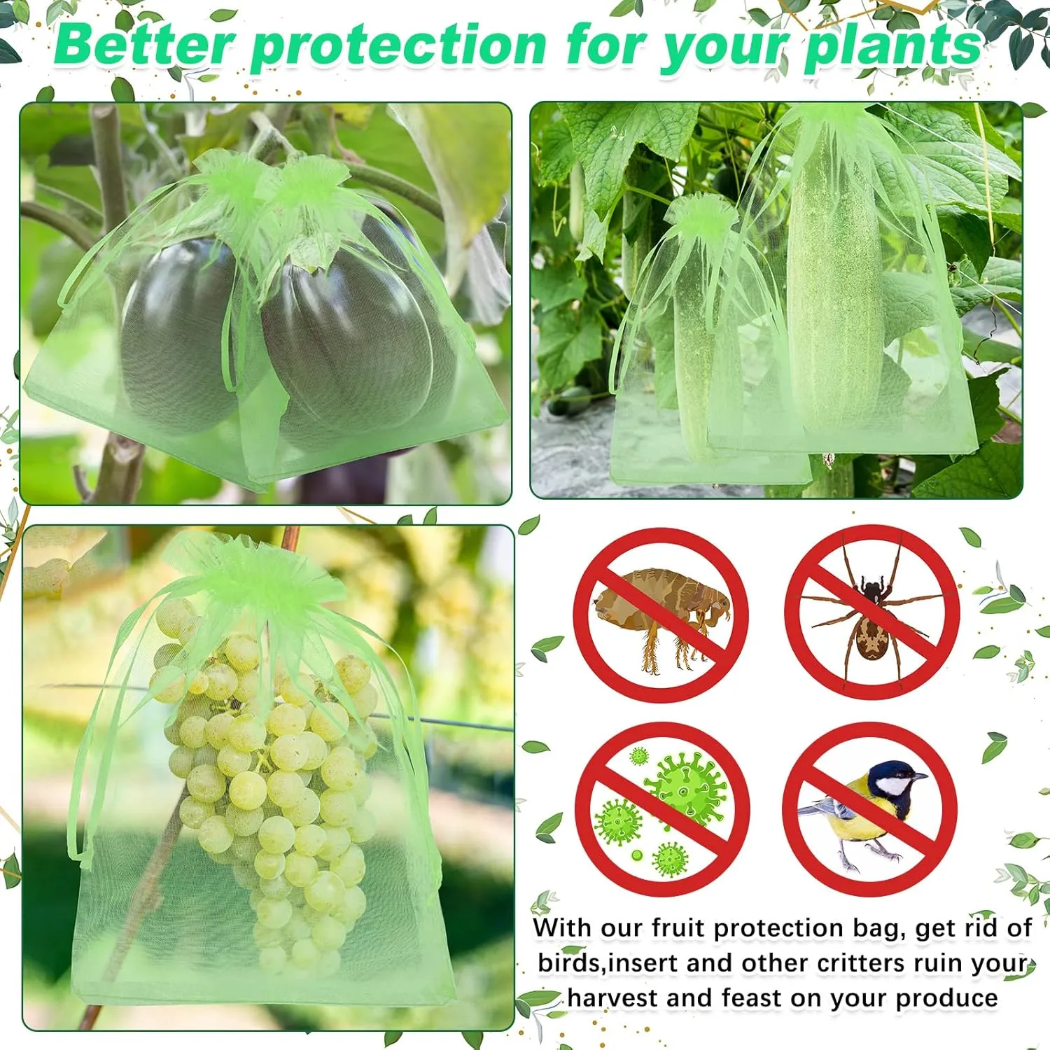 200 Pcs Fruit Protection Bags - Netting Bags with Drawstring for Fruit & Vegetable Protection (Green, 8 x 12 Inch)
