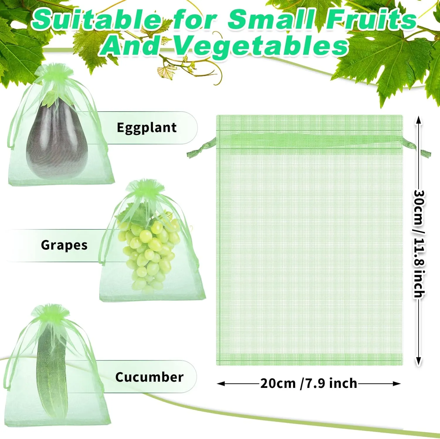 200 Pcs Fruit Protection Bags - Netting Bags with Drawstring for Fruit & Vegetable Protection (Green, 8 x 12 Inch)