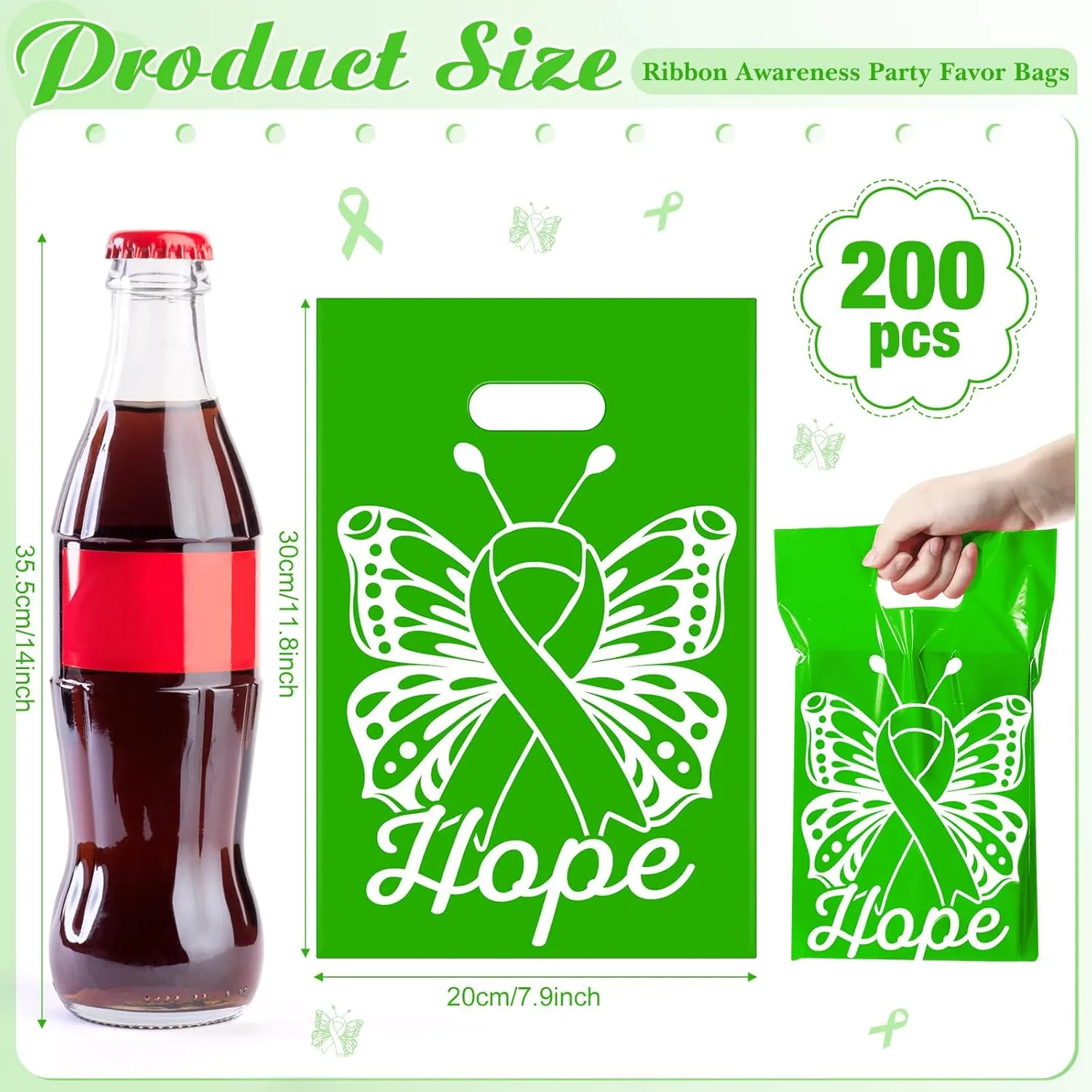 200 Pcs Mental Health Awareness Gift Bags Bulk 12 x 9 Inch Green RibbonPlastic Goody Treat Liver Cancer Cerebral Palsy Awareness Bag with Handles for Events Men Women Teens
