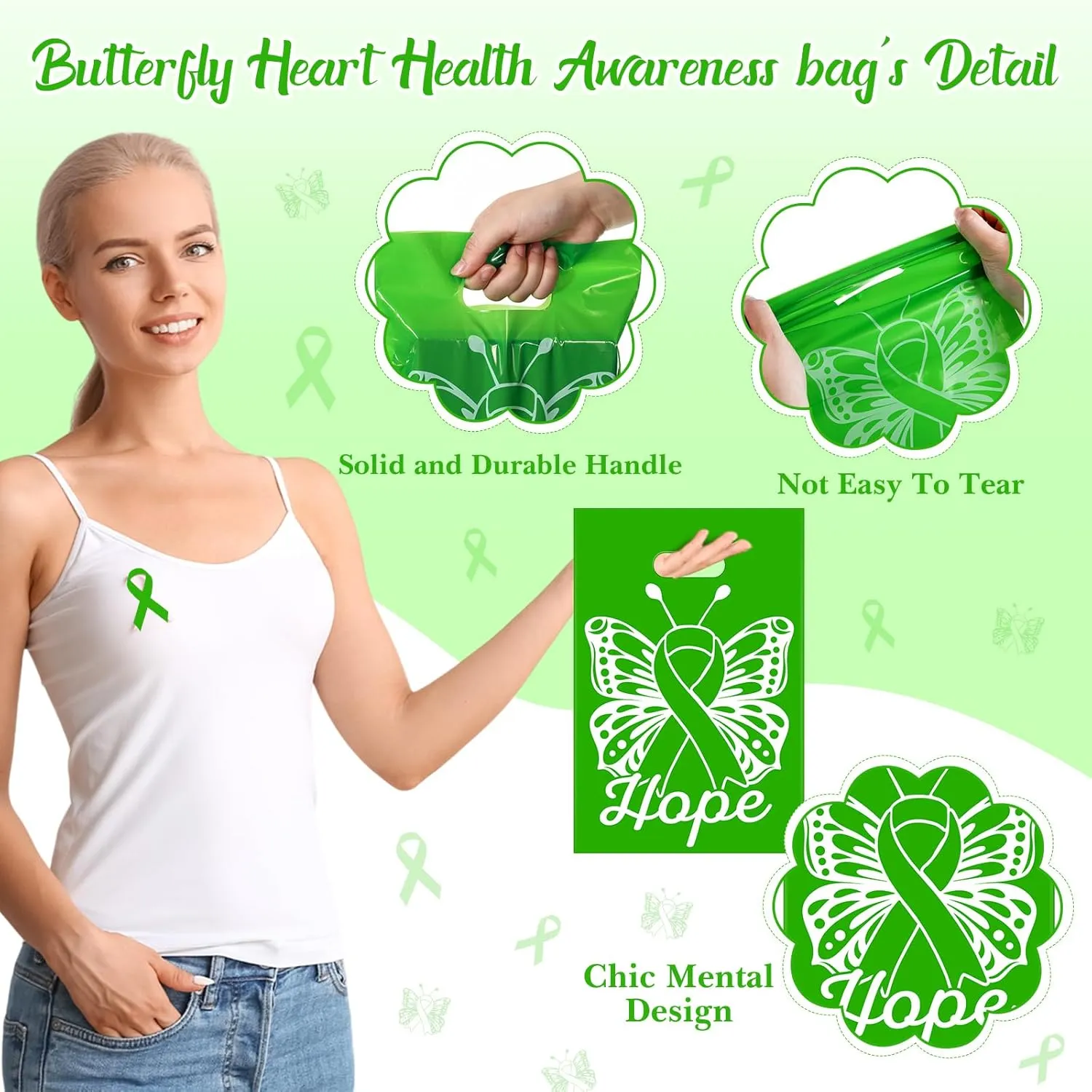 200 Pcs Mental Health Awareness Gift Bags Bulk 12 x 9 Inch Green RibbonPlastic Goody Treat Liver Cancer Cerebral Palsy Awareness Bag with Handles for Events Men Women Teens
