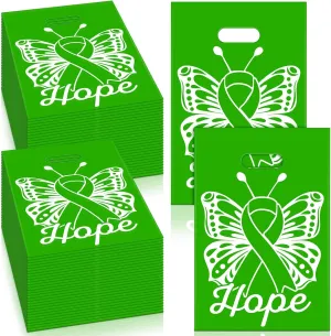 200 Pcs Mental Health Awareness Gift Bags Bulk 12 x 9 Inch Green RibbonPlastic Goody Treat Liver Cancer Cerebral Palsy Awareness Bag with Handles for Events Men Women Teens