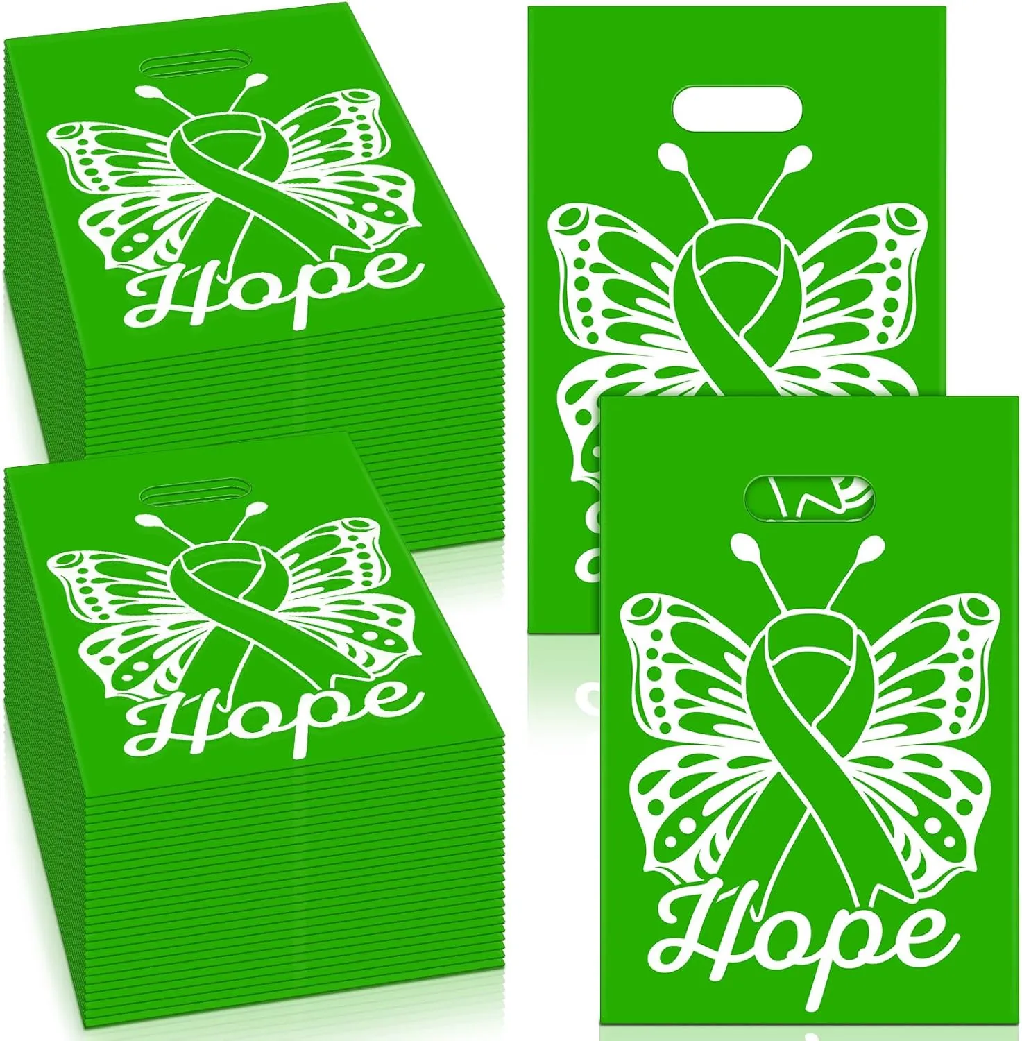 200 Pcs Mental Health Awareness Gift Bags Bulk 12 x 9 Inch Green RibbonPlastic Goody Treat Liver Cancer Cerebral Palsy Awareness Bag with Handles for Events Men Women Teens