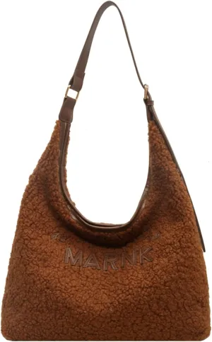 2024 Fashion Lamb Wool Tote Bag Women Cozy Furry Shoulder Bag Adjustable PU Strap Magnetic Closure Commuter Handbag