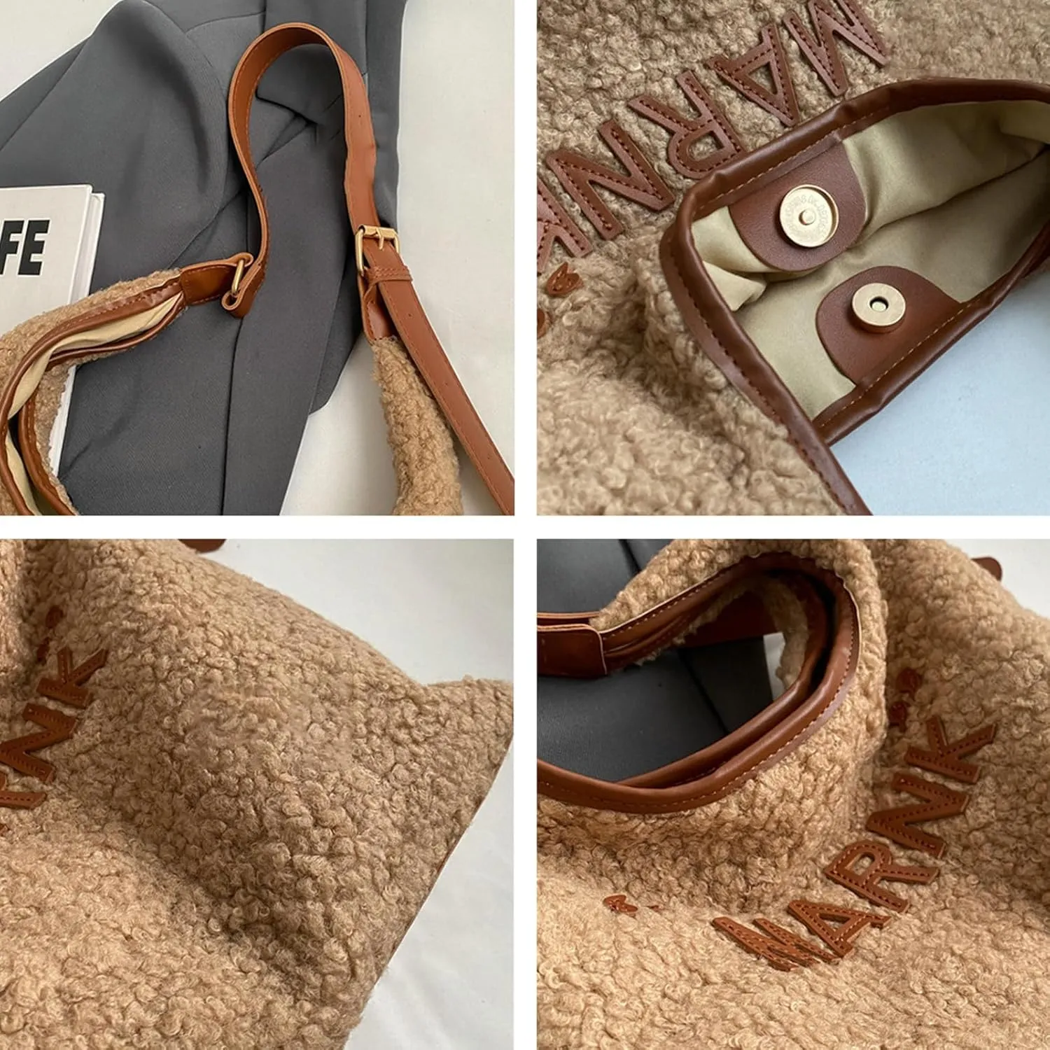 2024 Fashion Lamb Wool Tote Bag Women Cozy Furry Shoulder Bag Adjustable PU Strap Magnetic Closure Commuter Handbag