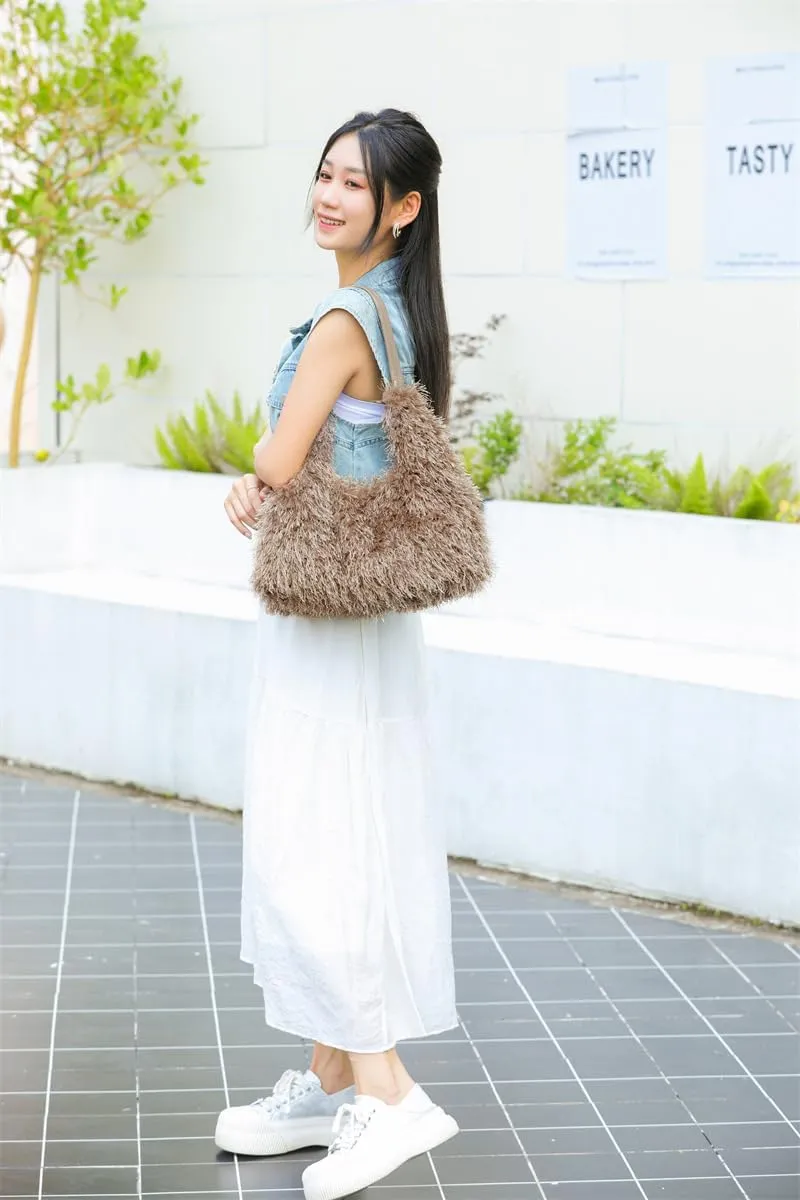 2024 Winter Women Bag Cute Tote Bags Y2k Purse Women's Shoulder Handbags Faux Fur Tote Bag Fluffy Satchel Handbags