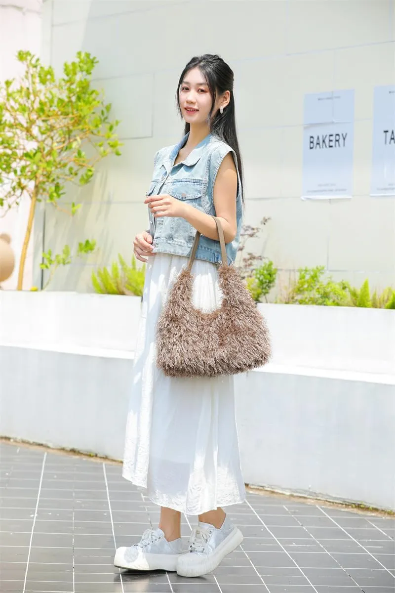 2024 Winter Women Bag Cute Tote Bags Y2k Purse Women's Shoulder Handbags Faux Fur Tote Bag Fluffy Satchel Handbags