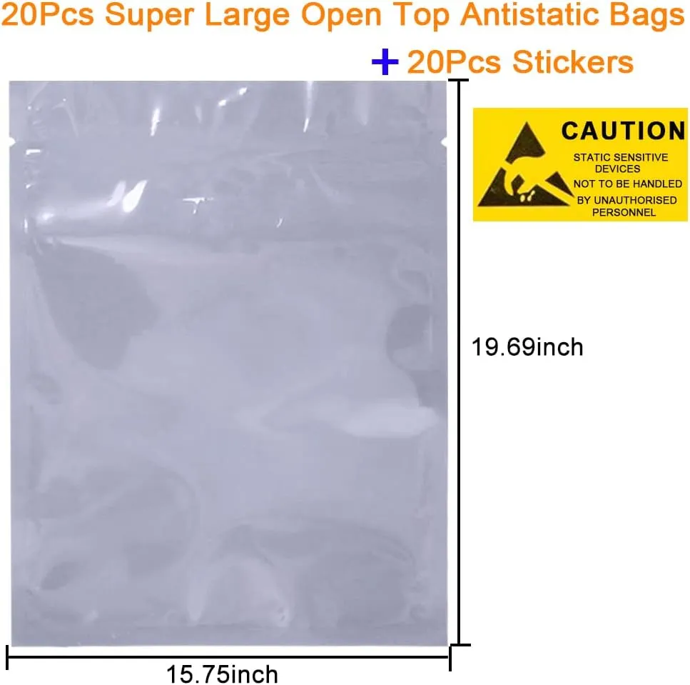 20Pcs Open Top Anti Static Bags,15.75x19.69in Extra Large ESD Shielding Bag, Antistatic Bags with Static-Free Stickers for Motherboard, GPU