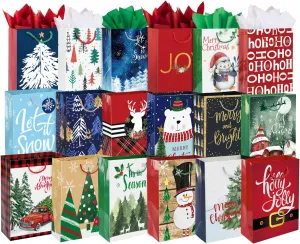24 Large Christmas Gift Bags Bulk With Handles, 26 Tissue Paper and 60 Count Christmas Gift Tags Set-24 Assorted Designs Big Size Sacks Set For Wrapping Xmas Holiday Presents