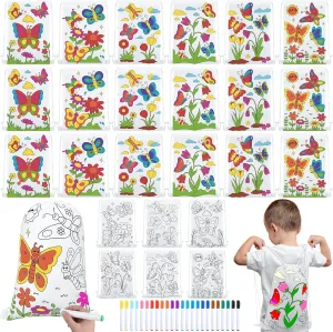 24 Pcs Color Your Own Spring Butterfly Drawstring Bags Coloring Party Goodie Favor Bags Birthday Party DIY Crafts with Markers School Classroom Projects Supplies