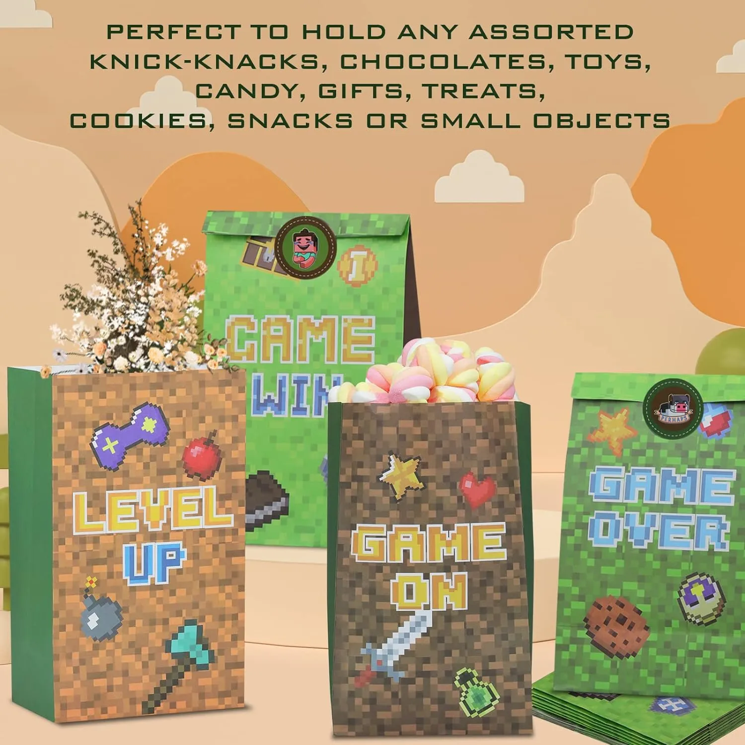 24 PCS Pixel Miner Party Favor Bags Pixel Themed Treat Goodie Bags for Birthday Party Supplies, Boys and Girls Pixelated Video Game Gift Candy Goody Bags for Mine Party or Birthday Party Decorations