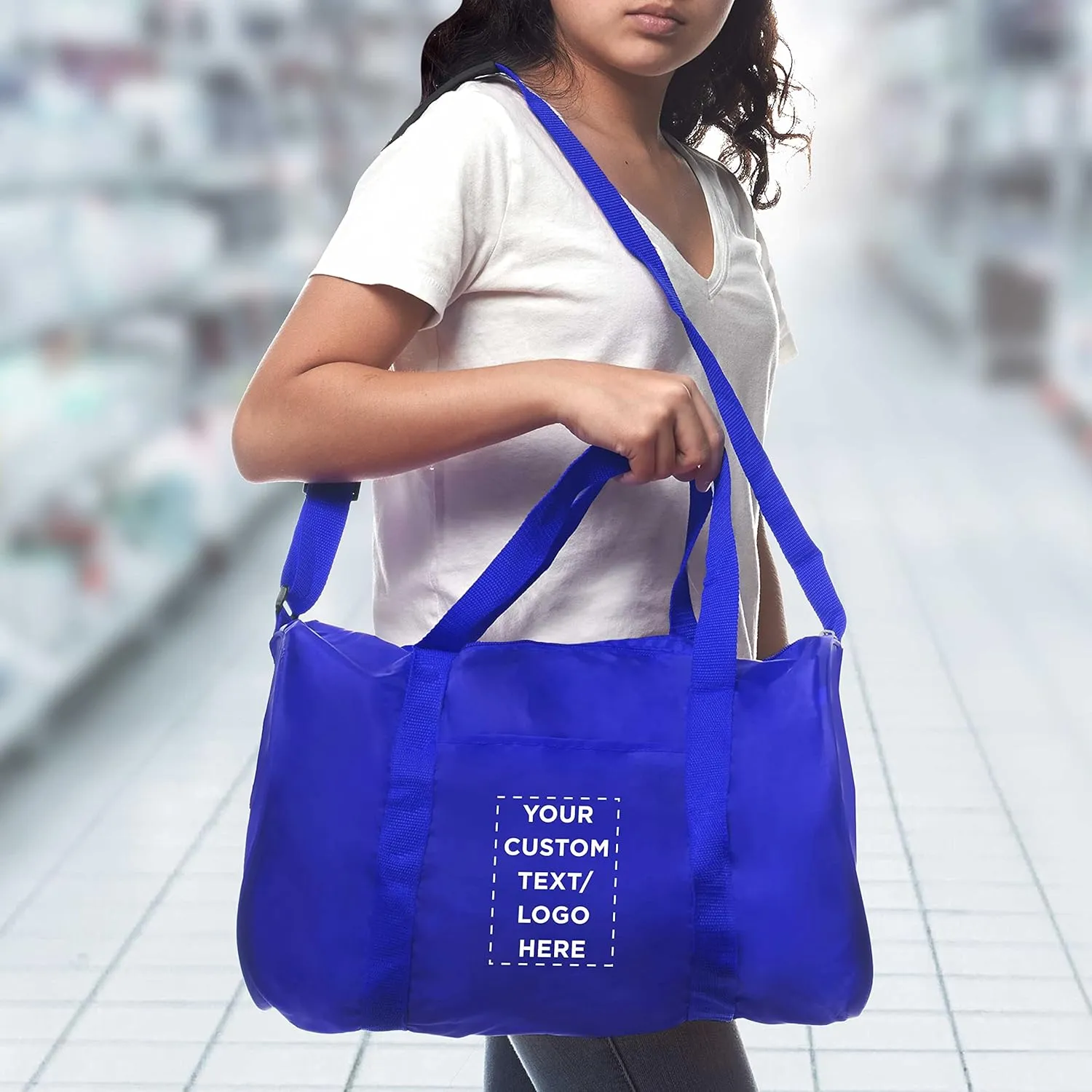 24 Sporty Duffle Bags Set - Customizable Text, Logo - Polyester, Adjustable Strap, Front Pocket, Roll Styling - Royal Blue