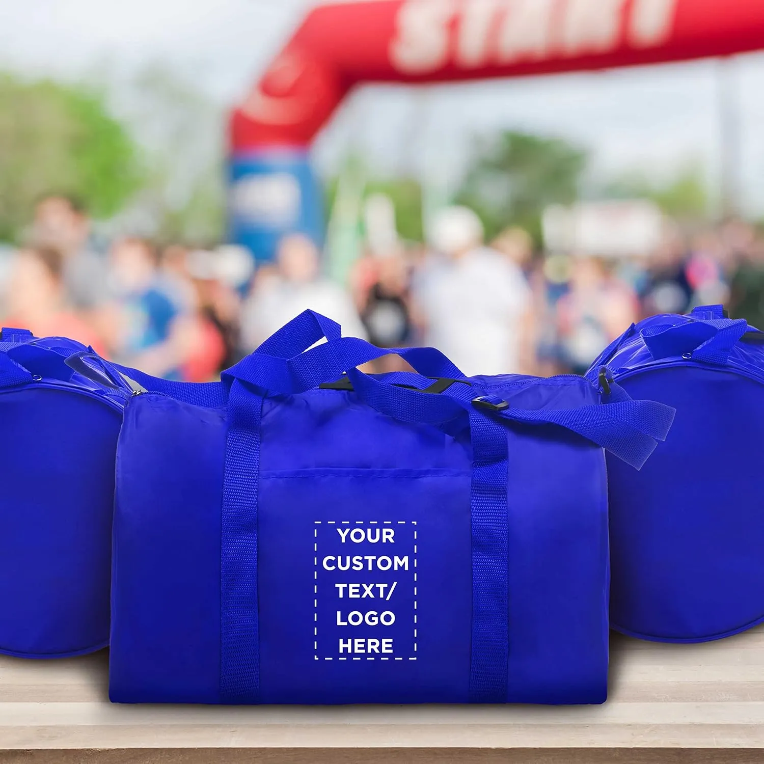 24 Sporty Duffle Bags Set - Customizable Text, Logo - Polyester, Adjustable Strap, Front Pocket, Roll Styling - Royal Blue