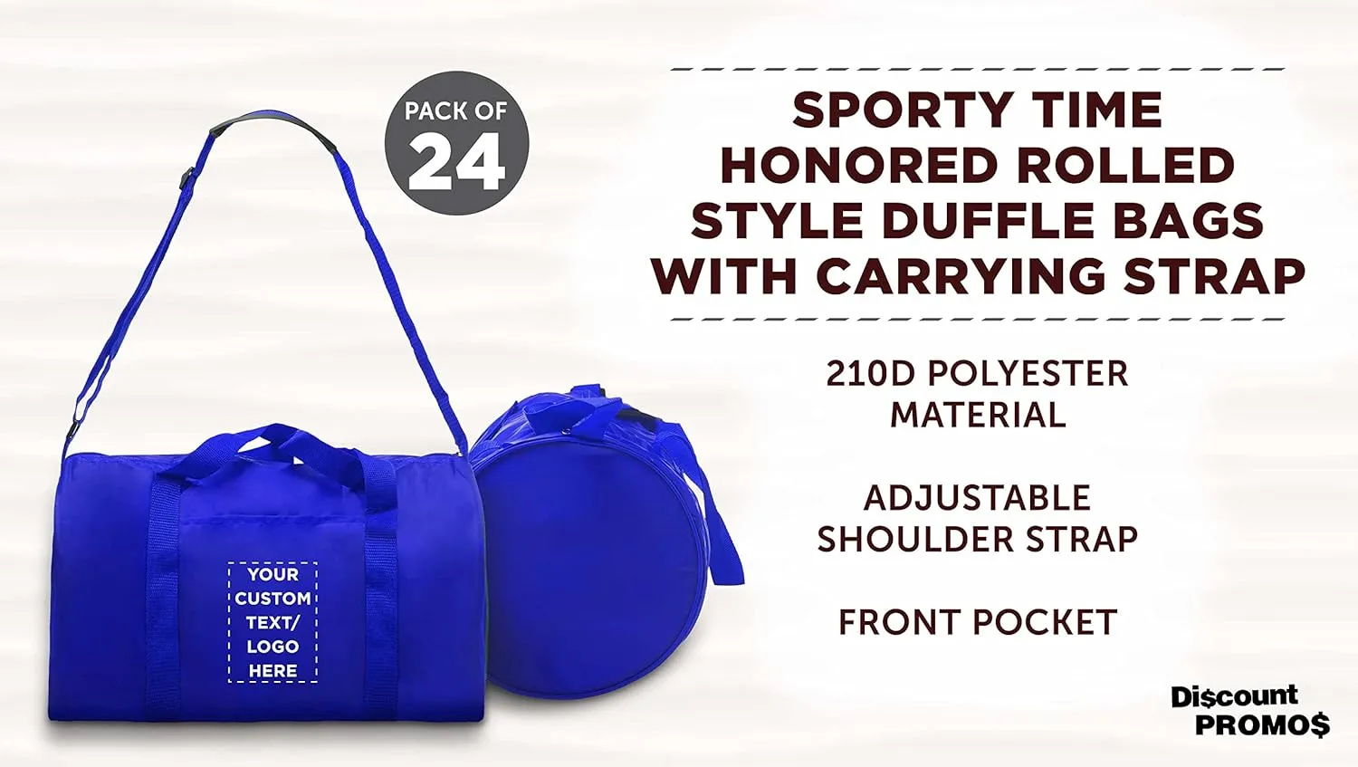 24 Sporty Duffle Bags Set - Customizable Text, Logo - Polyester, Adjustable Strap, Front Pocket, Roll Styling - Royal Blue
