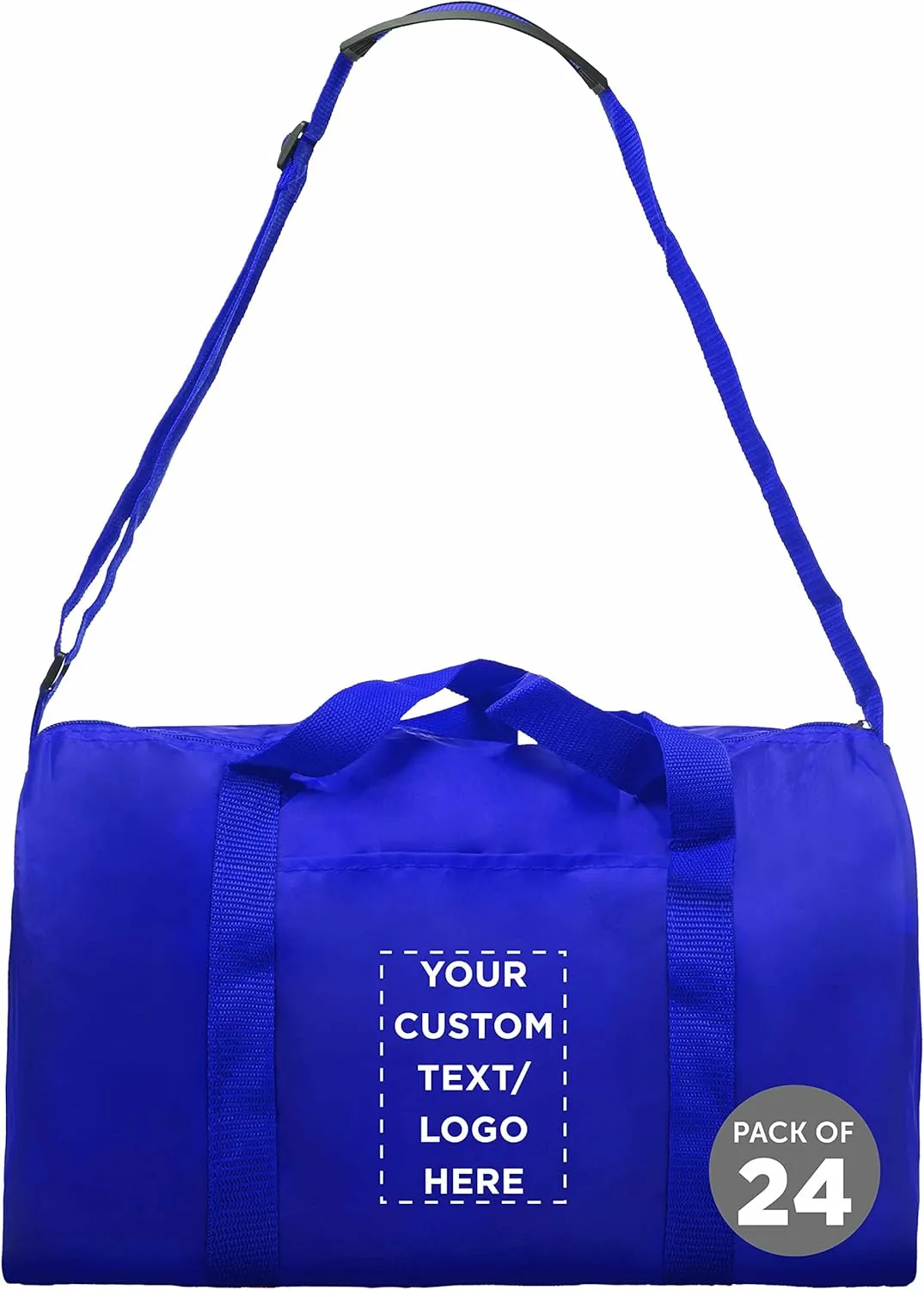 24 Sporty Duffle Bags Set - Customizable Text, Logo - Polyester, Adjustable Strap, Front Pocket, Roll Styling - Royal Blue