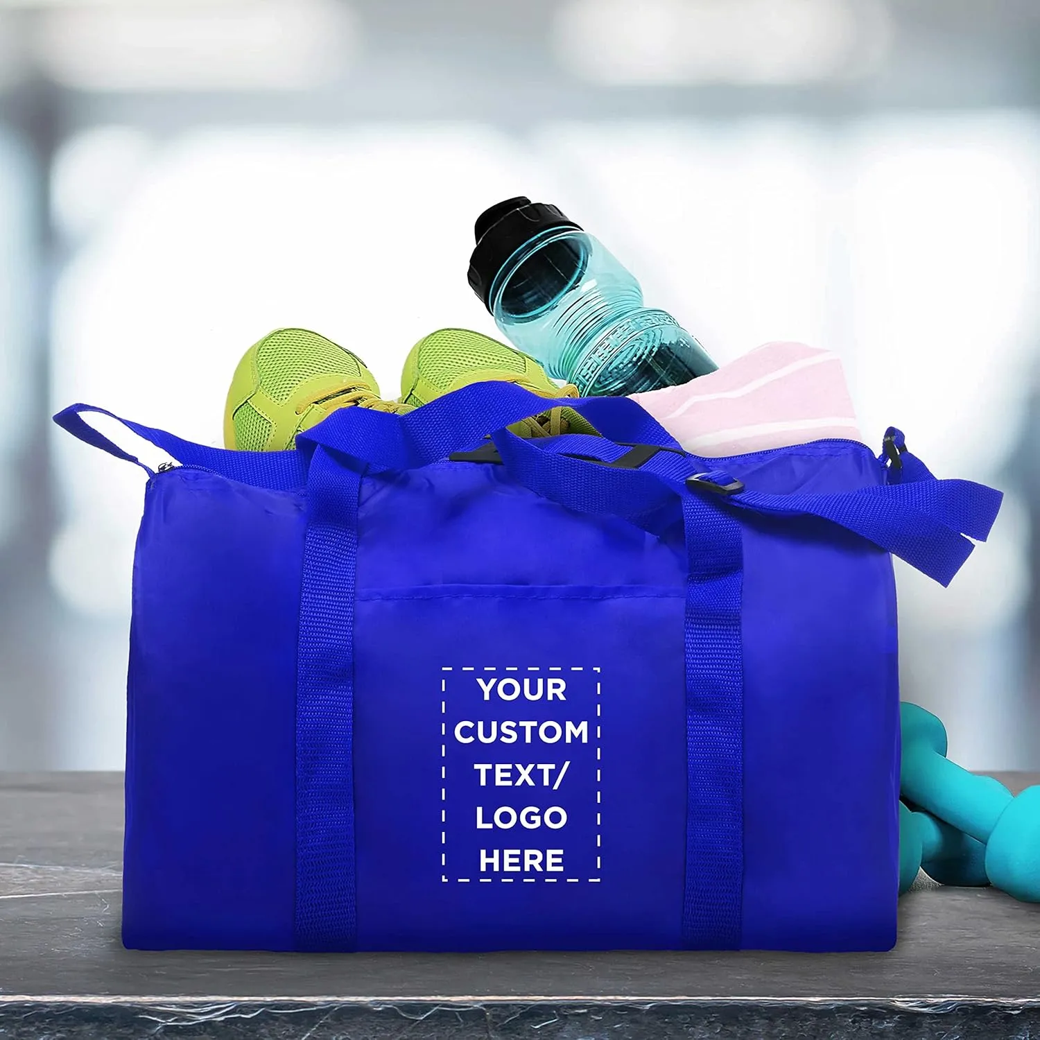 24 Sporty Duffle Bags Set - Customizable Text, Logo - Polyester, Adjustable Strap, Front Pocket, Roll Styling - Royal Blue