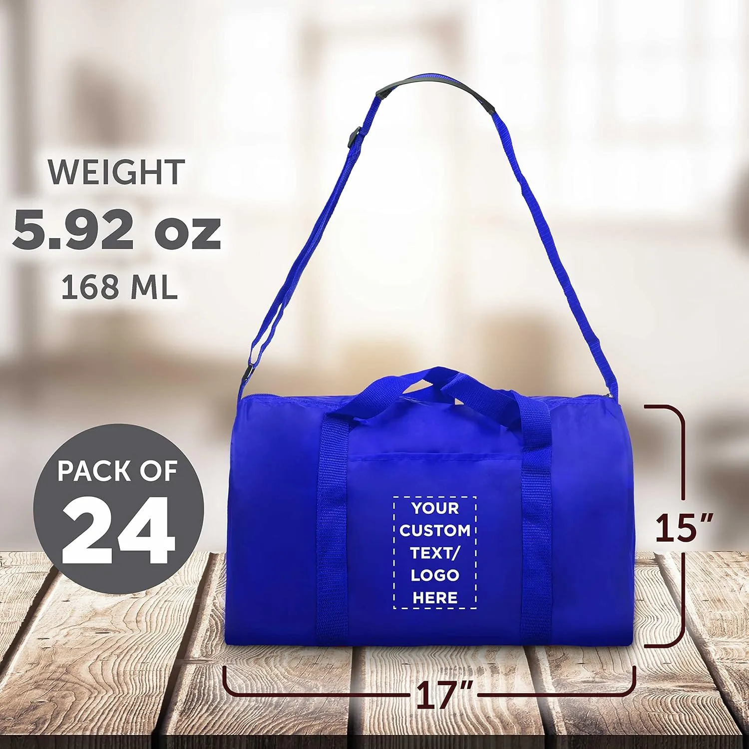 24 Sporty Duffle Bags Set - Customizable Text, Logo - Polyester, Adjustable Strap, Front Pocket, Roll Styling - Royal Blue