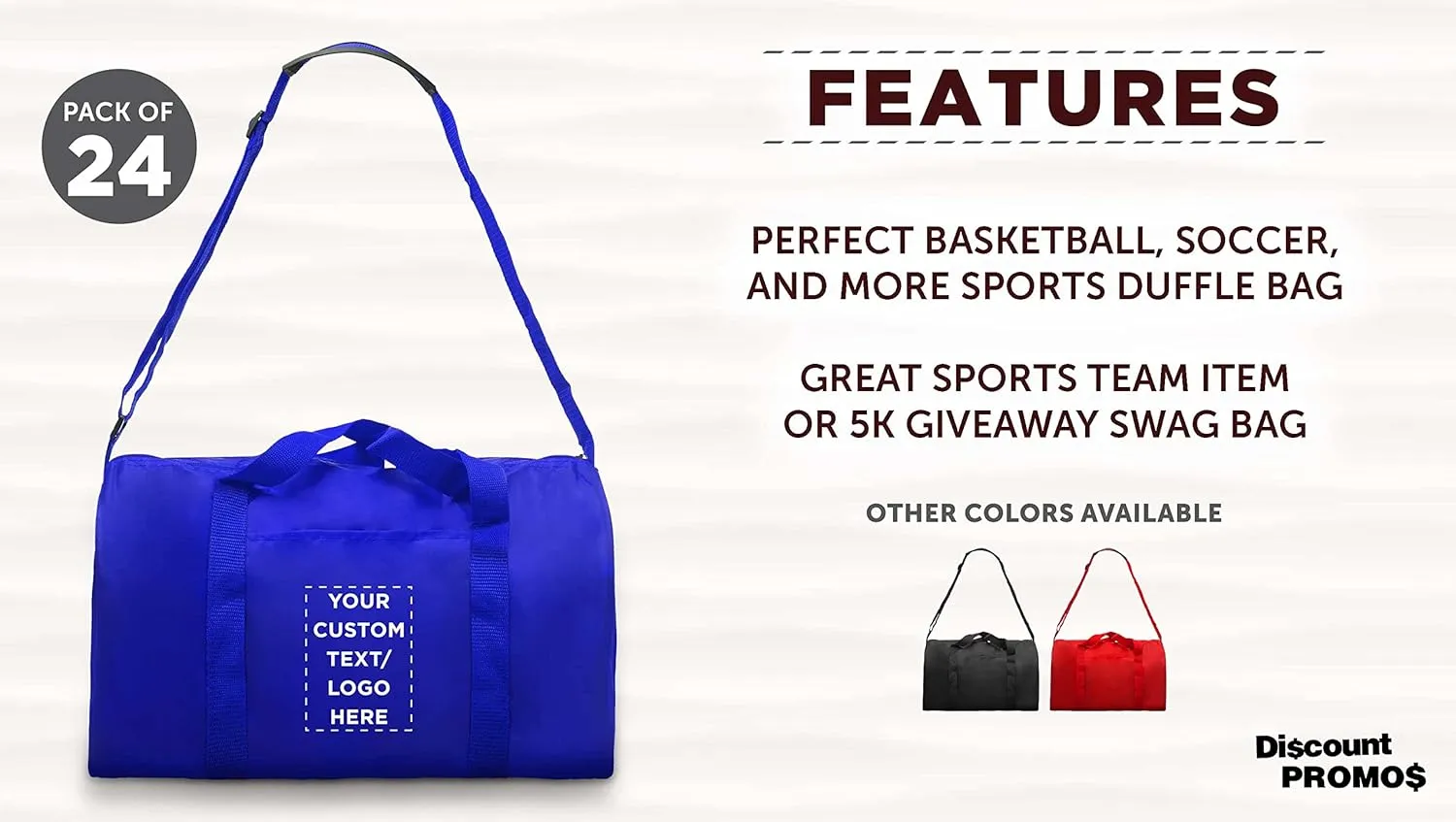 24 Sporty Duffle Bags Set - Customizable Text, Logo - Polyester, Adjustable Strap, Front Pocket, Roll Styling - Royal Blue