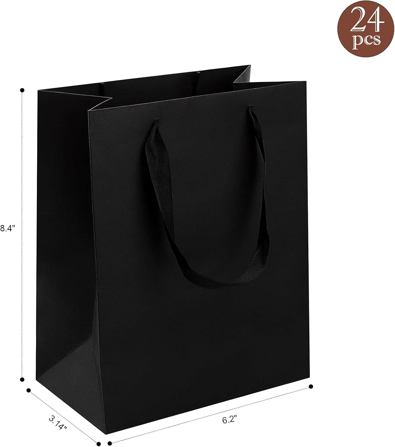 24pc Kraft Gift Bags - Small Size 6.3x3.2x8.5 Inches, Black Paper Shopping Bags with Ribbon Handles for Parties, Weddings and More