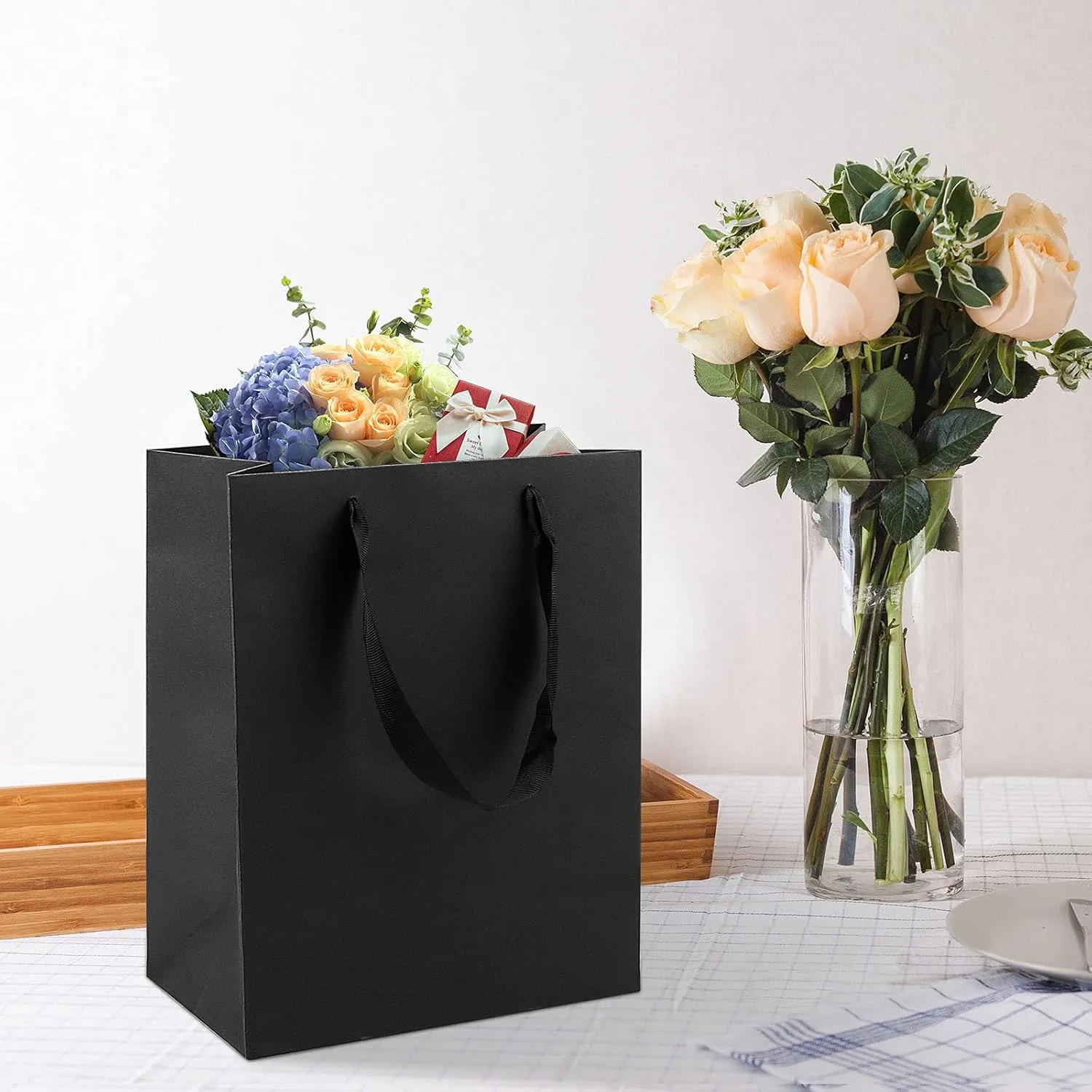 24pc Kraft Gift Bags - Small Size 6.3x3.2x8.5 Inches, Black Paper Shopping Bags with Ribbon Handles for Parties, Weddings and More