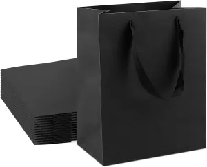 24pc Kraft Gift Bags - Small Size 6.3x3.2x8.5 Inches, Black Paper Shopping Bags with Ribbon Handles for Parties, Weddings and More
