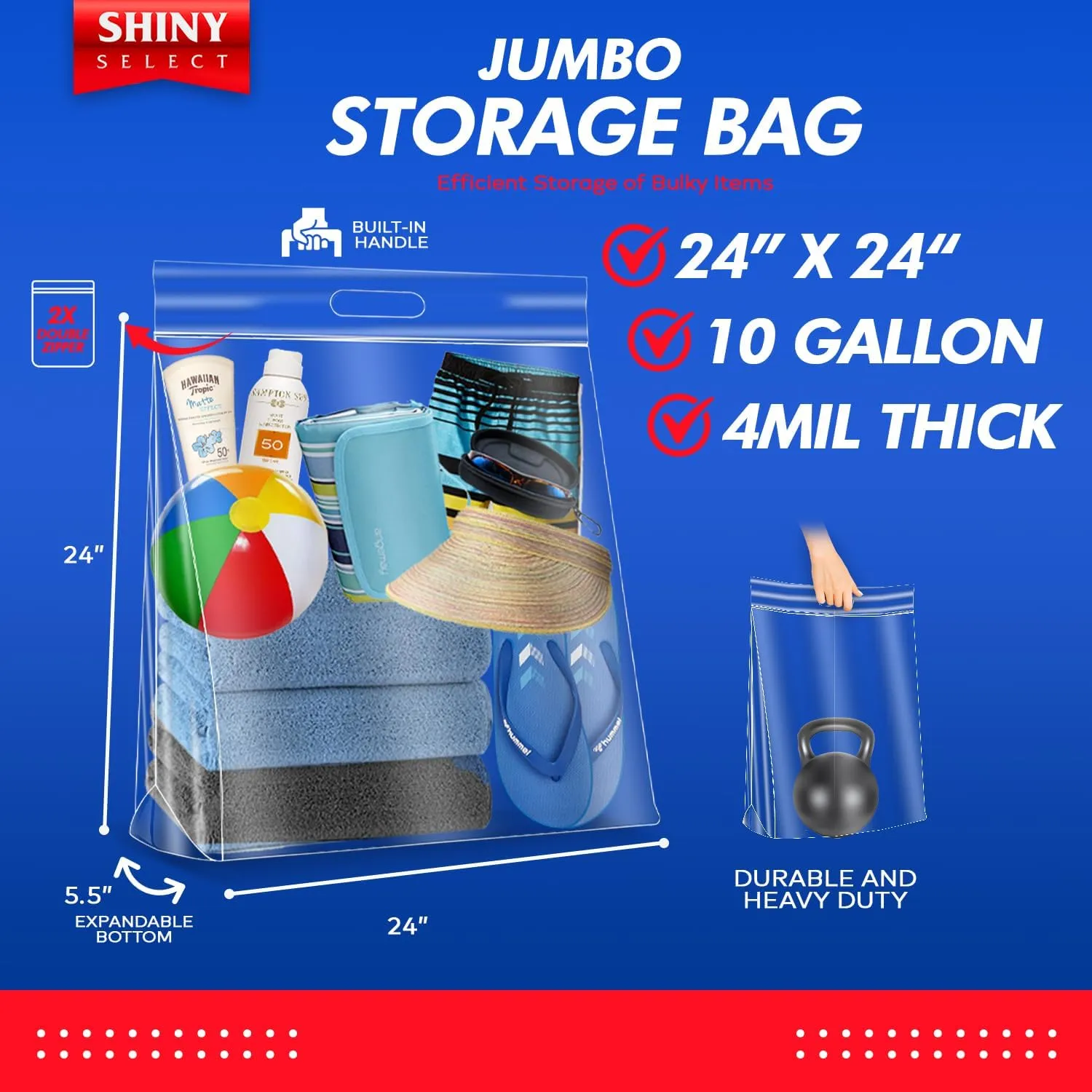 [25 Bags] Jumbo Extra Large Zipper Food Storage Bags with Handle, 10 Gallon Heavy Duty 4 Mil. Thick, Clear, Resealable Bag for Seasonal Clothes Bedding Travel Moving